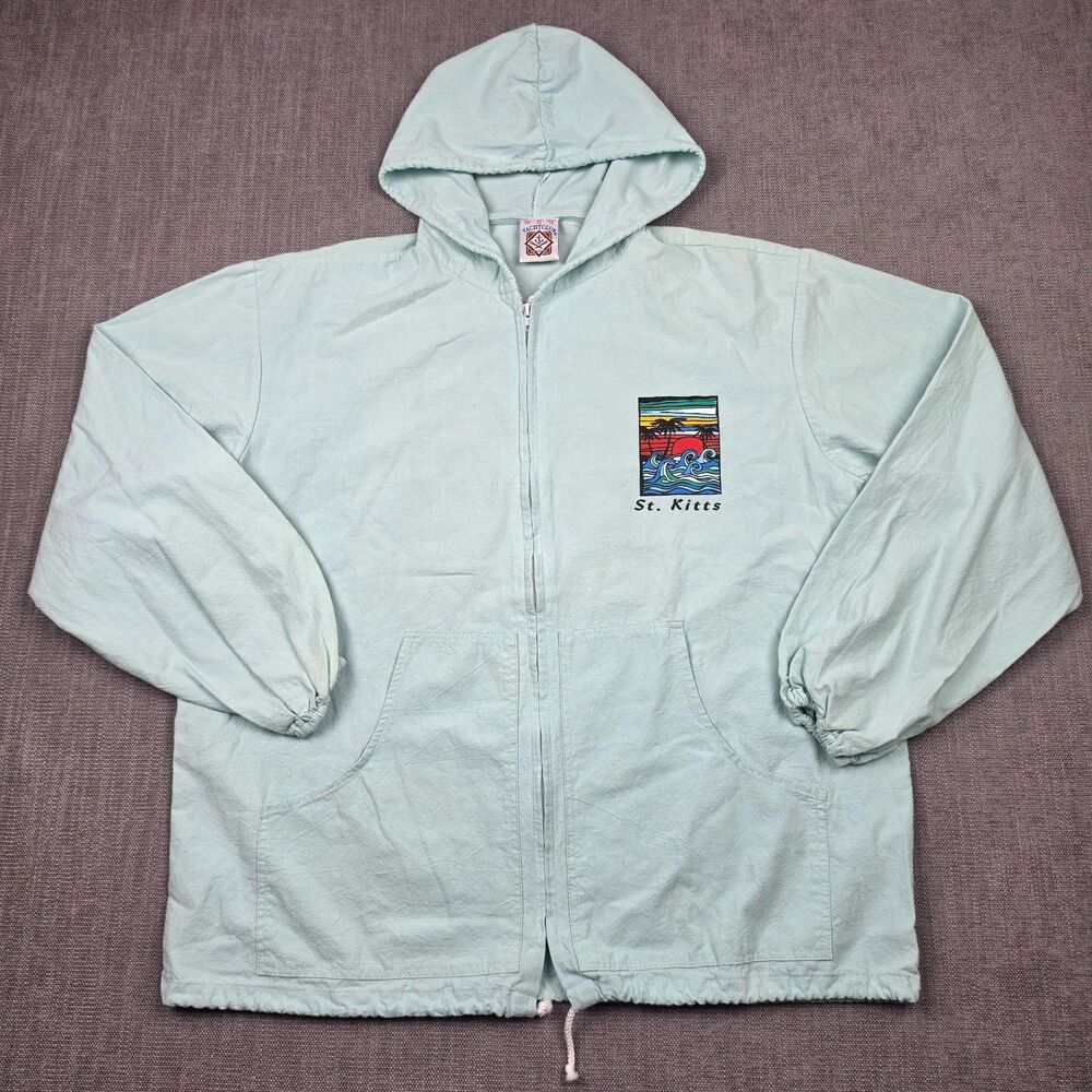 Vintage Yacht Club St Kitts Graphic Full Zip Hoodie Jacket XL Light Green Cotton